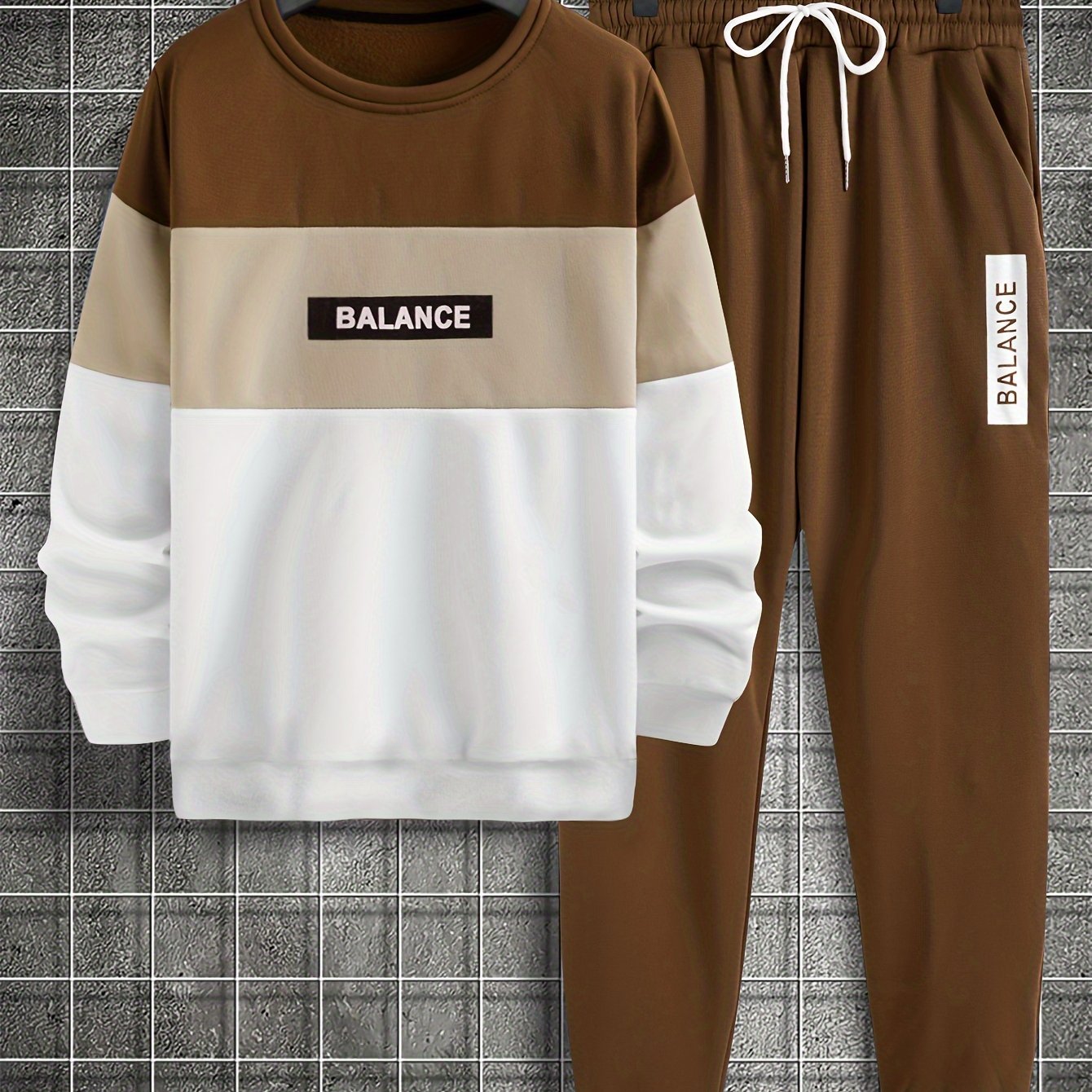 2Pcs Color Block Crew Neck Long Sleeve Pullover Sweatshirt and Drawstring Sweatpants Joggers Set - Soft, Breathable, and Comfortable - Ideal for Spring and Fall, Casual Men's Clothing