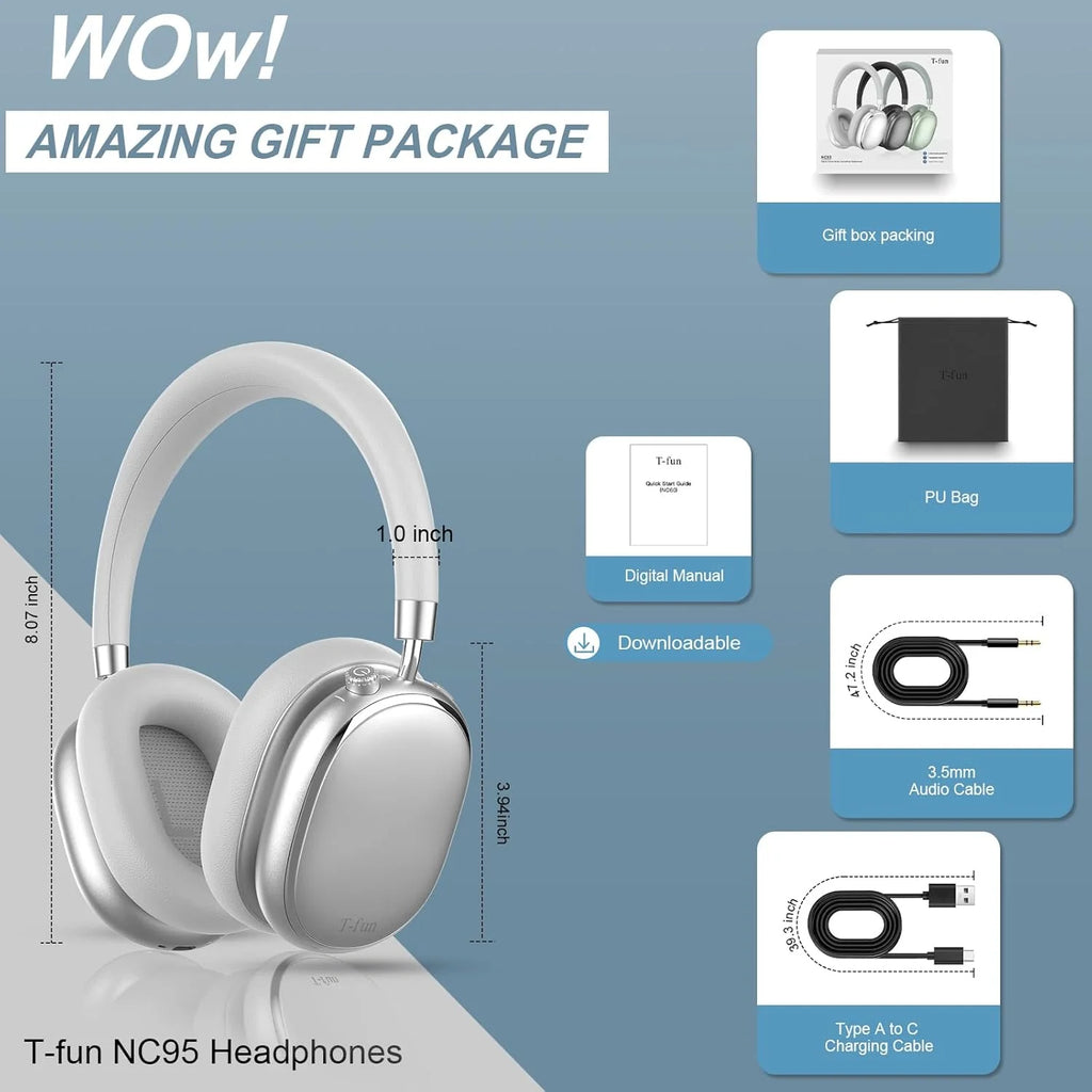 Bluetooth T-fun NC95 Hybrid Active Noise Cancelling Headphones, Built-in Mic, 65H Playtime, App Control, Hi-Res Audio