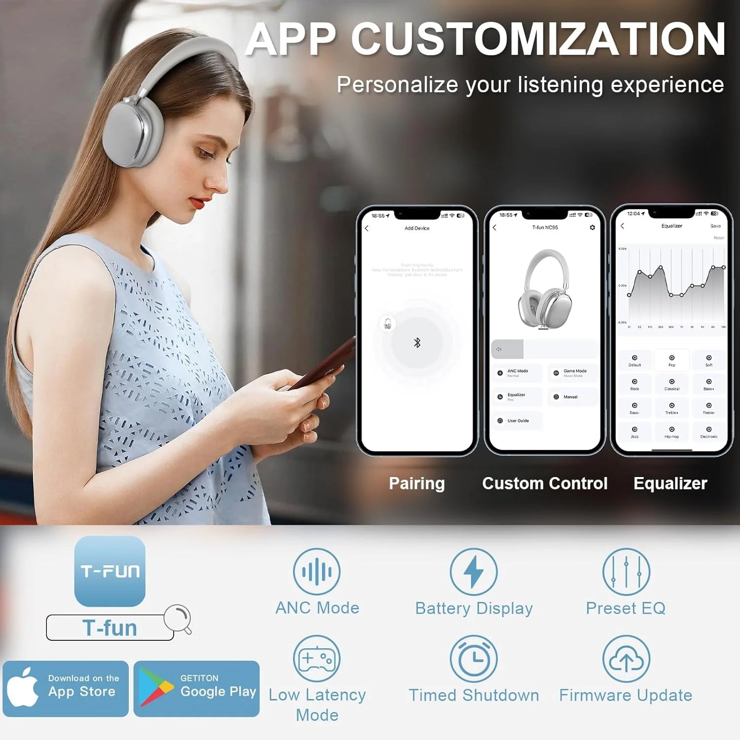 Bluetooth T-fun NC95 Hybrid Active Noise Cancelling Headphones, Built-in Mic, 65H Playtime, App Control, Hi-Res Audio