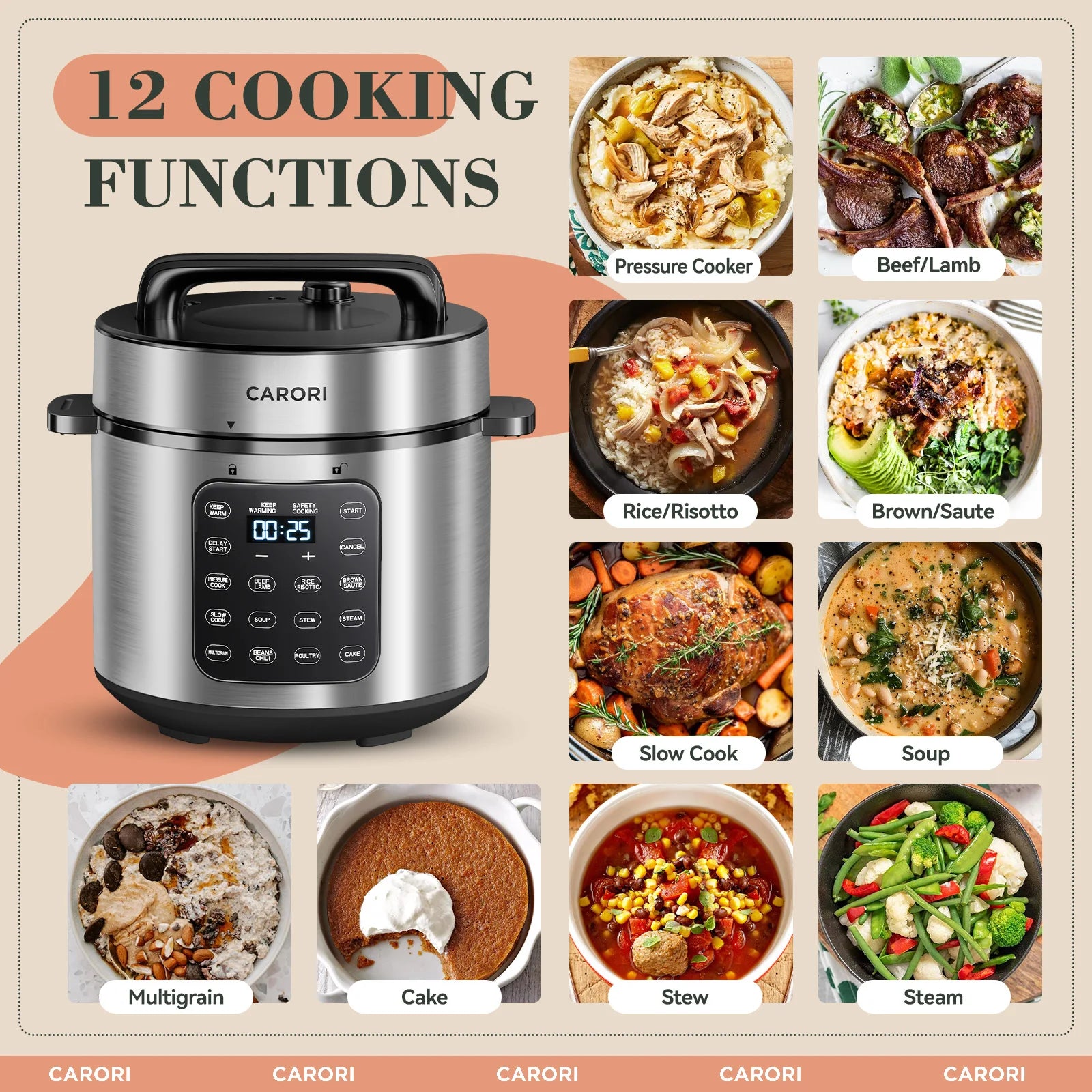 CARORI 12-in-1 Electric Pressure Cooker 6 Quart, Rice Cooker, Steamer, Sauté, Warmer, Includes Free Recipes and Steam Rack