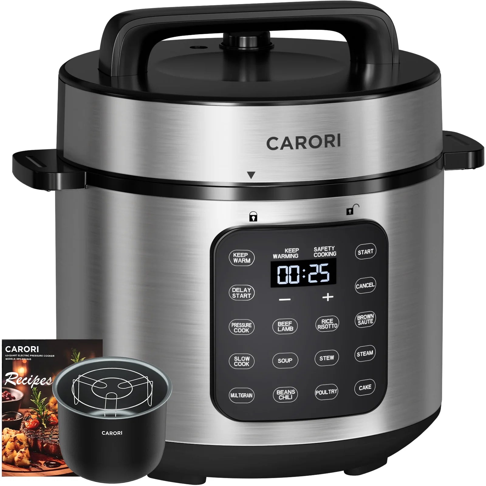 CARORI 12-in-1 Electric Pressure Cooker 6 Quart, Rice Cooker, Steamer, Sauté, Warmer, Includes Free Recipes and Steam Rack