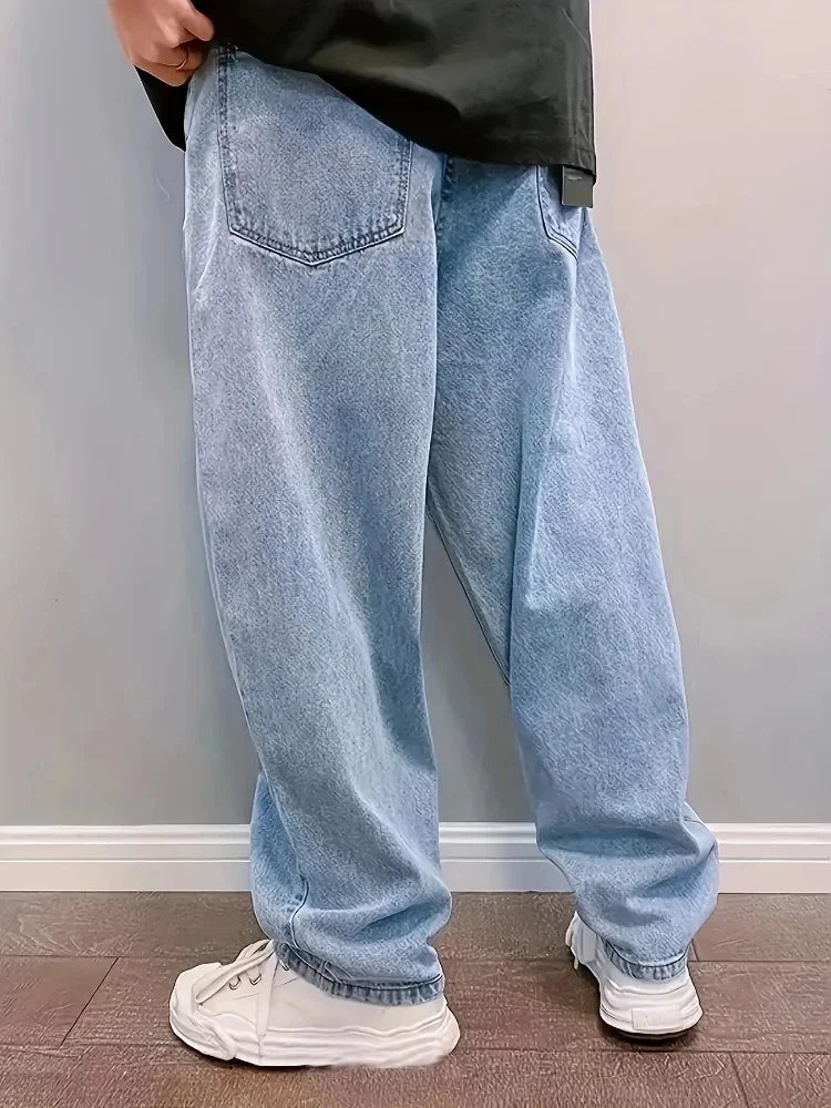 Y2k Oversize Fashion Baggy Jeans Mens Loose Straight Streetwear Hip Hop Denim Trousers Washed Trendy Wide Leg Pants Light Blue