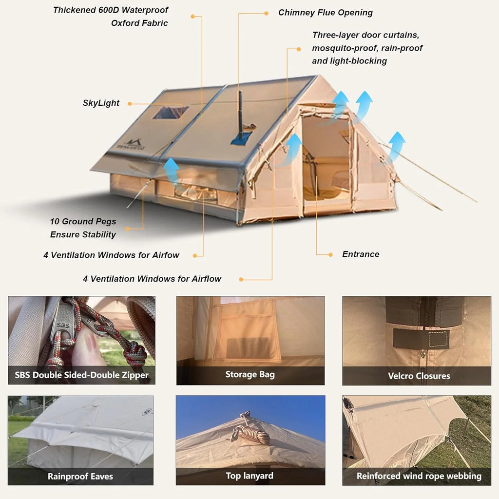 13' x 10' Inflatable Camping Tent for 8-10 Person,4 Season Blow up Tents Waterproof, Air Tent with Chimney Hole AC Port