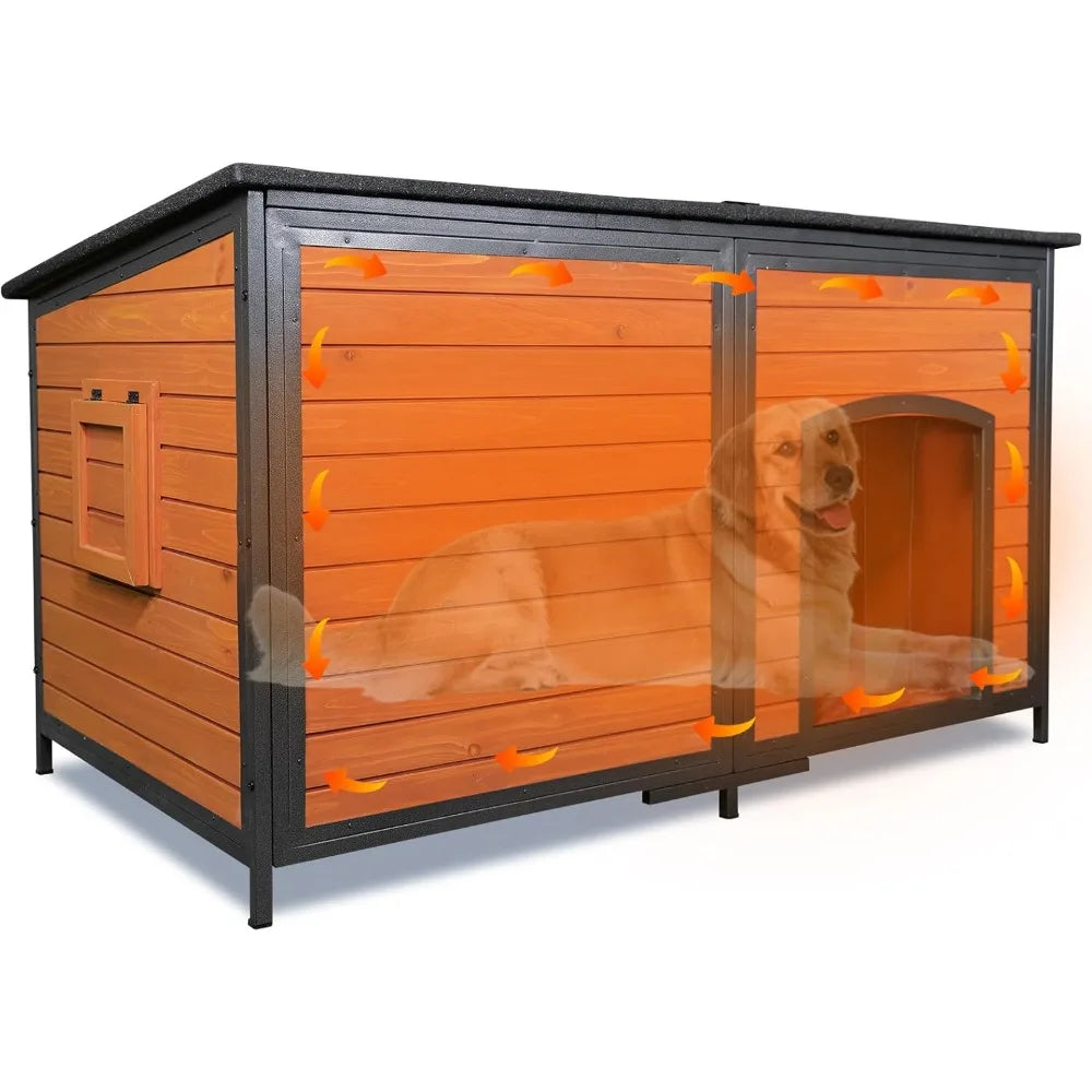 extra large dog house outdoor weatherproof dog shelter large wooden insulated houses with upgrade anti-chewing iron frame