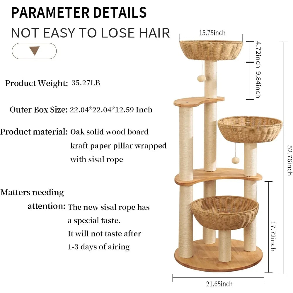 Indoor Cat Tree Tower for Multiple Large Cats, Handcrafted Oak Scratching Post, Luxurious Woven Cat Condo