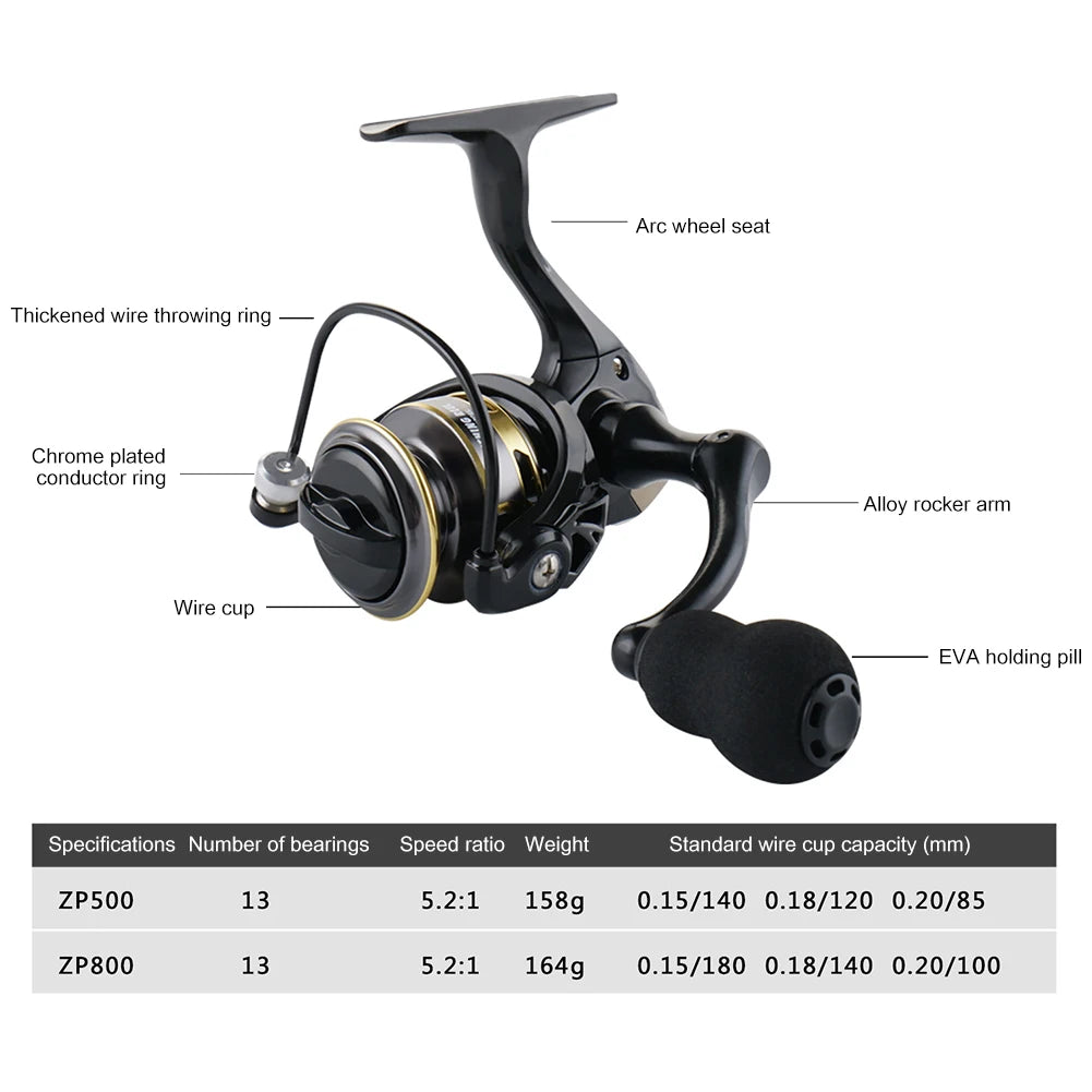 ZP 500/800 Series EVA Grip Ultra Lightweight Fishing Reel 13+1BB High Speed Gear Ratio 5.2:1 Mini Spinning Reel Metal Line Cup
