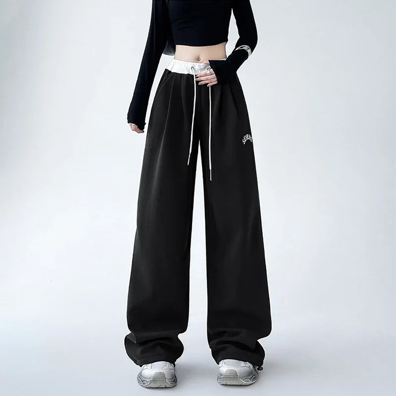 Vintage Letter Embroidery Y2K Sweatpants for Woman Chic Patchwork Design Casual Trousers Autumn Winter High Waist Straight Pants