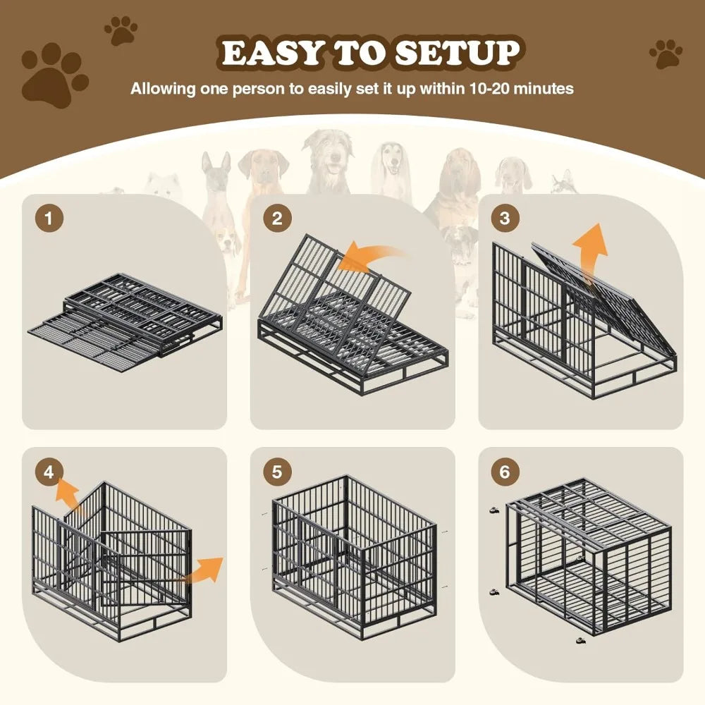 dog crate with removable tray, 37/42/46 inch indestructible and escape proof steel dog cage kennel for high anxiety dogs, heavy