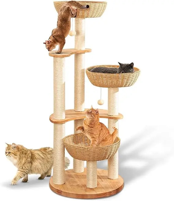 Indoor Cat Tree Tower for Multiple Large Cats, Handcrafted Oak Scratching Post, Luxurious Woven Cat Condo
