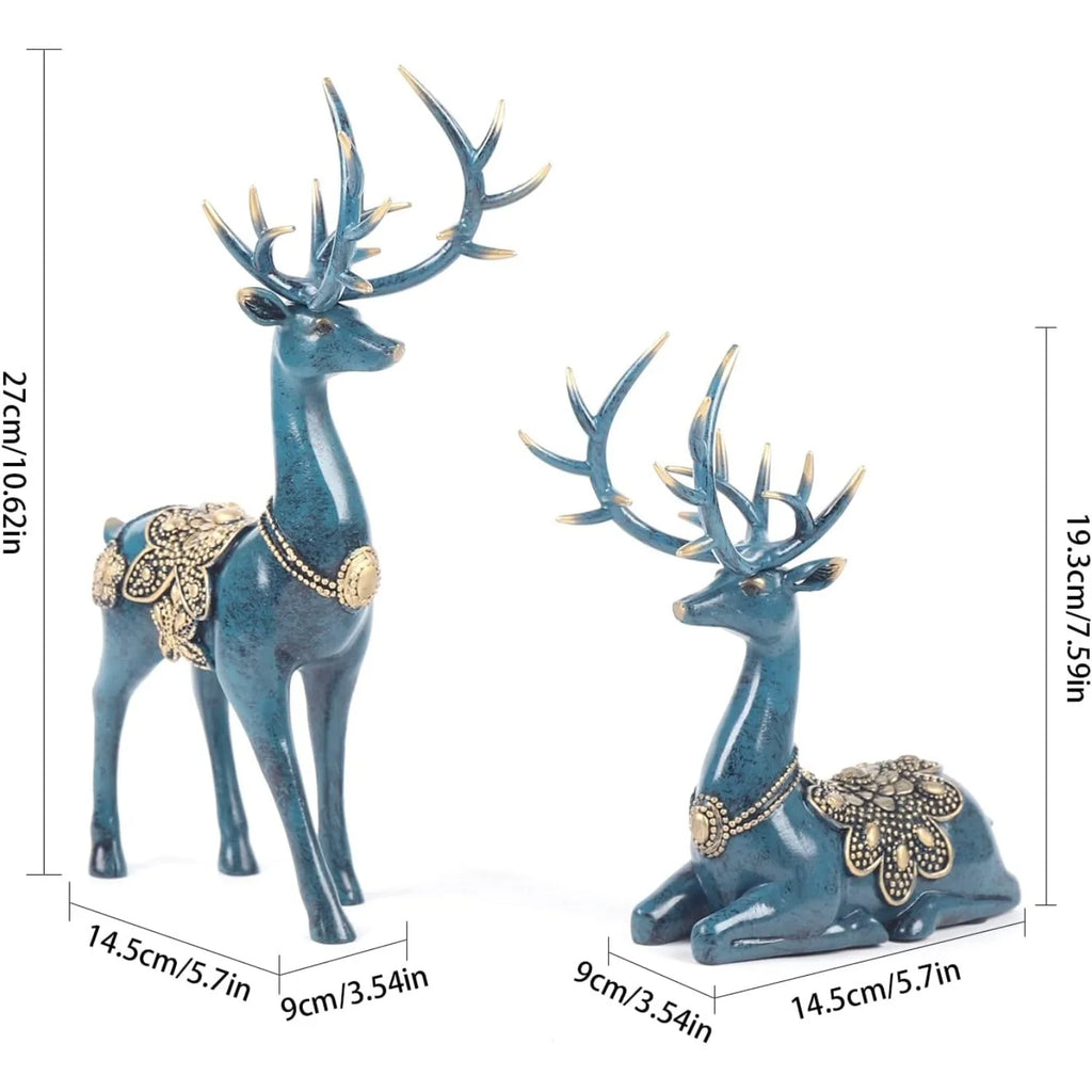 2PCS Blue Christmas Deer Decor-Resin Reindeer Statues (Sitting&Standing),Collectible Figurines for Home Office Tabletop Ornament