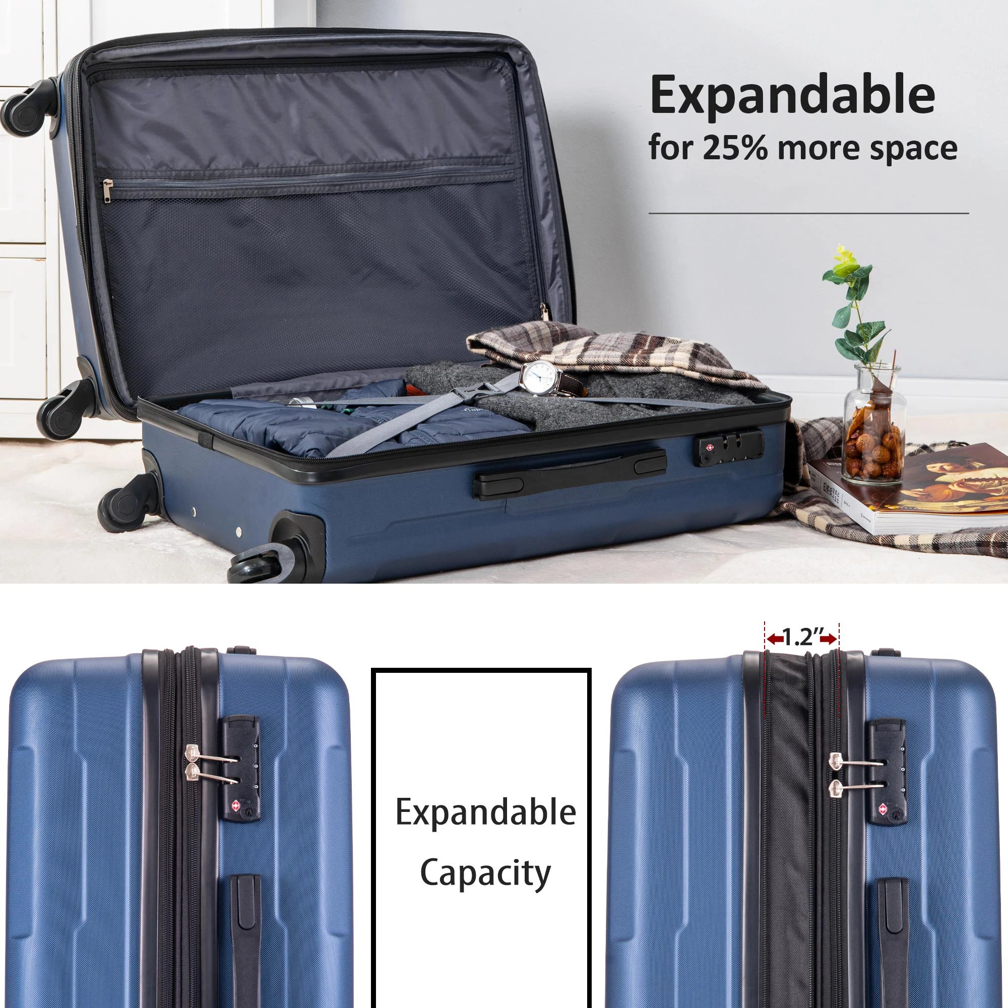 2 Piece Luggage Set 20inch+24inch ABS Lightweight Suitcase Set With 3-digit Lock & Expanable Spinner Wheels