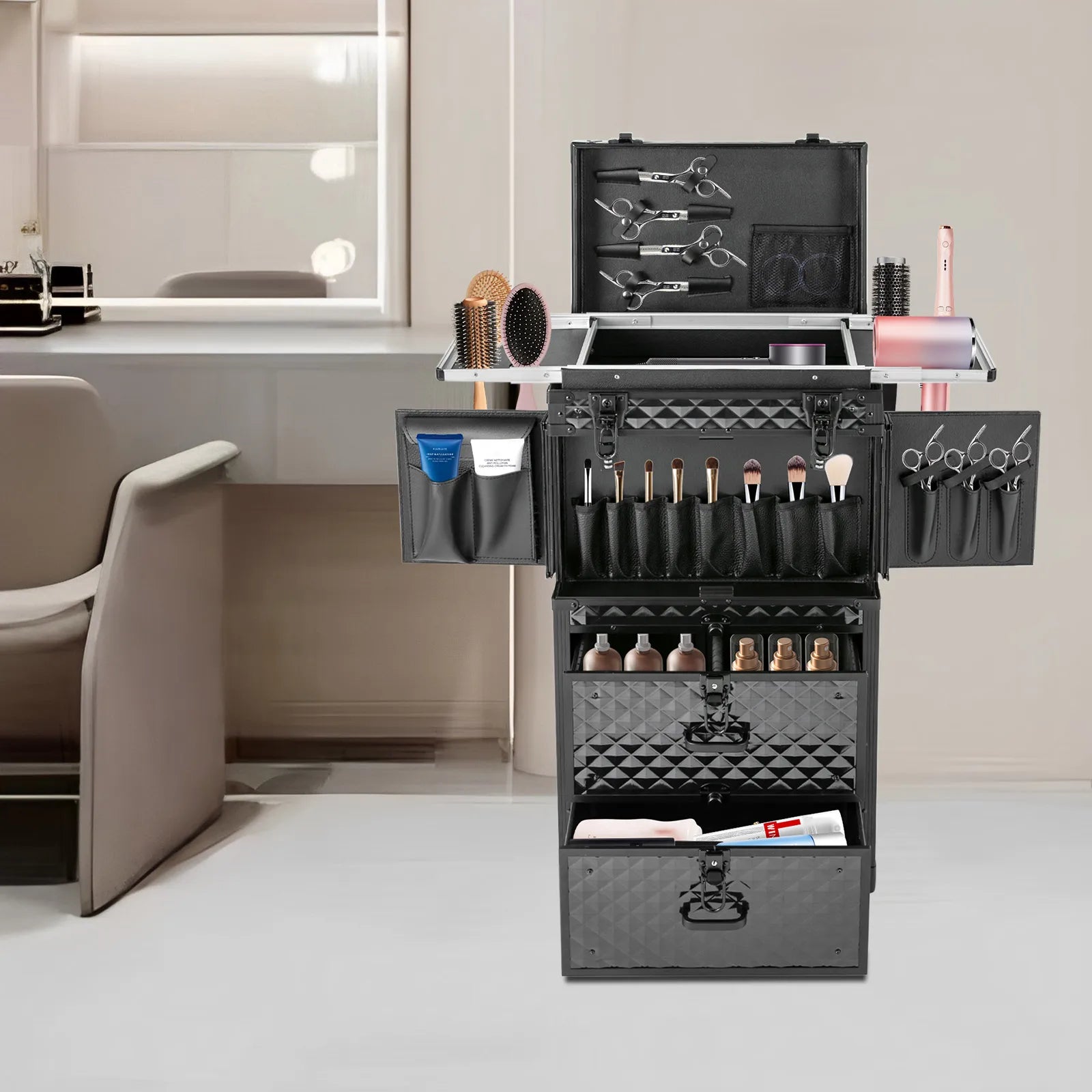 82 * 39cm Rolling Makeup Case Travel Make Up Case  Rolling Beauty Salon Storage with Hair Dryer Holder and 4 Universal Wheels