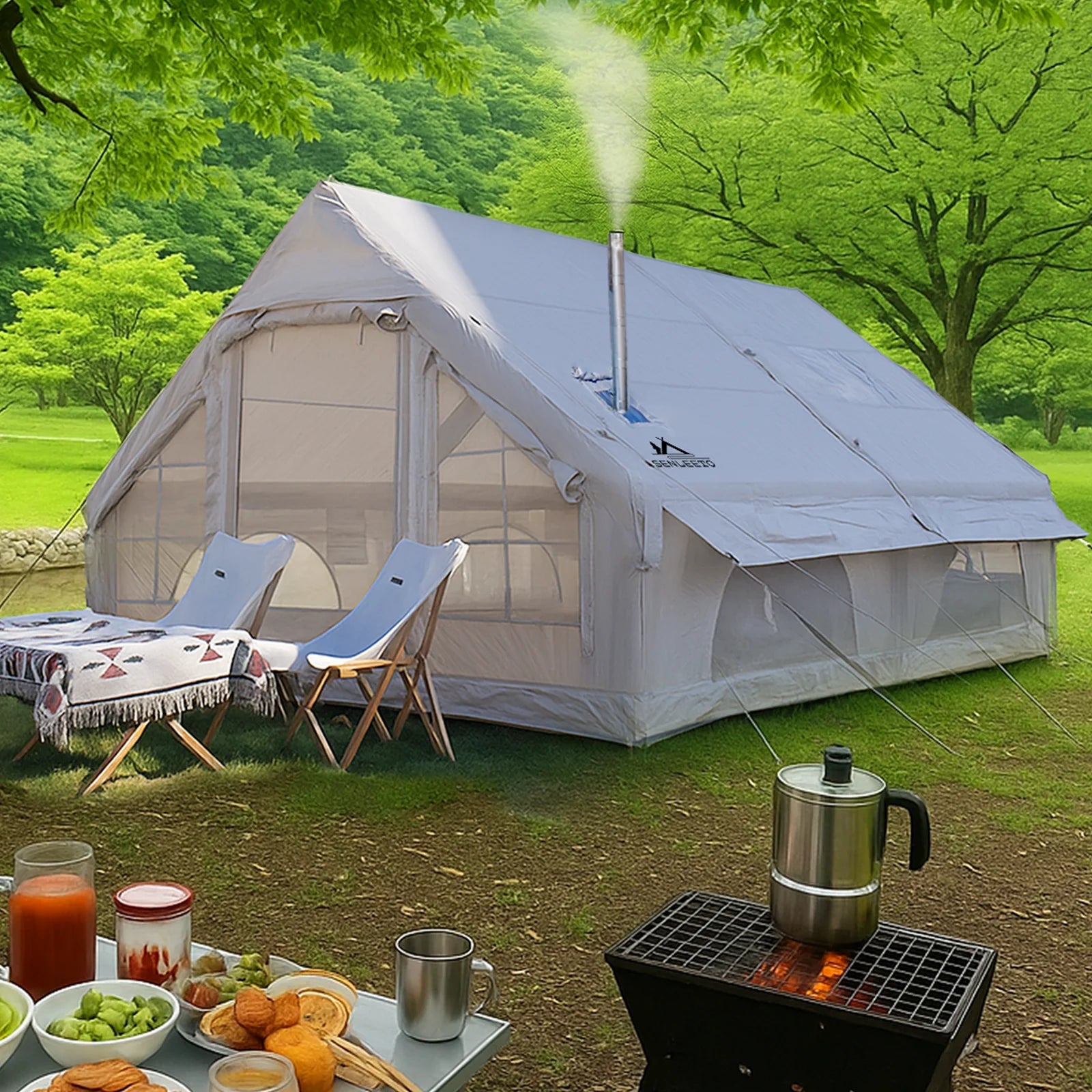 13' x 10' Inflatable Camping Tent for 8-10 Person,4 Season Blow up Tents Waterproof, Air Tent with Chimney Hole AC Port