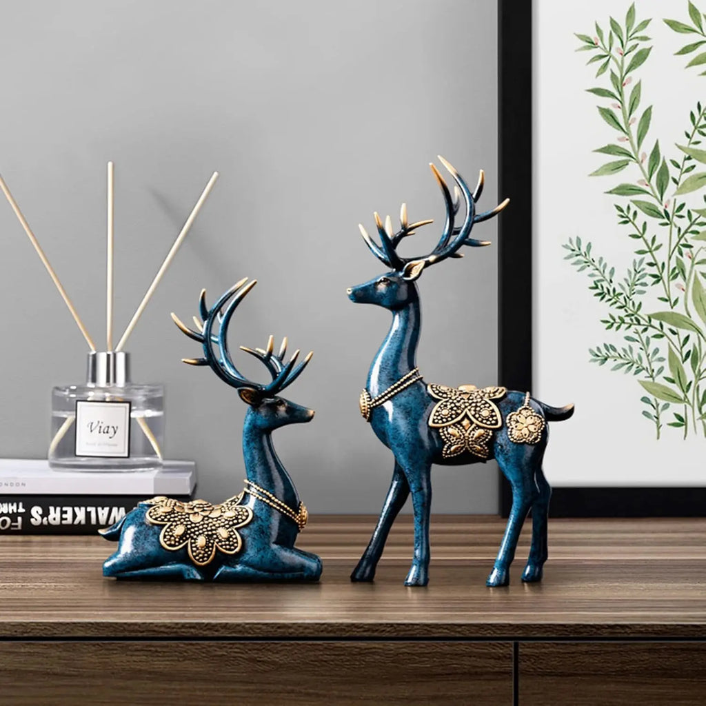 2PCS Blue Christmas Deer Decor-Resin Reindeer Statues (Sitting&Standing),Collectible Figurines for Home Office Tabletop Ornament