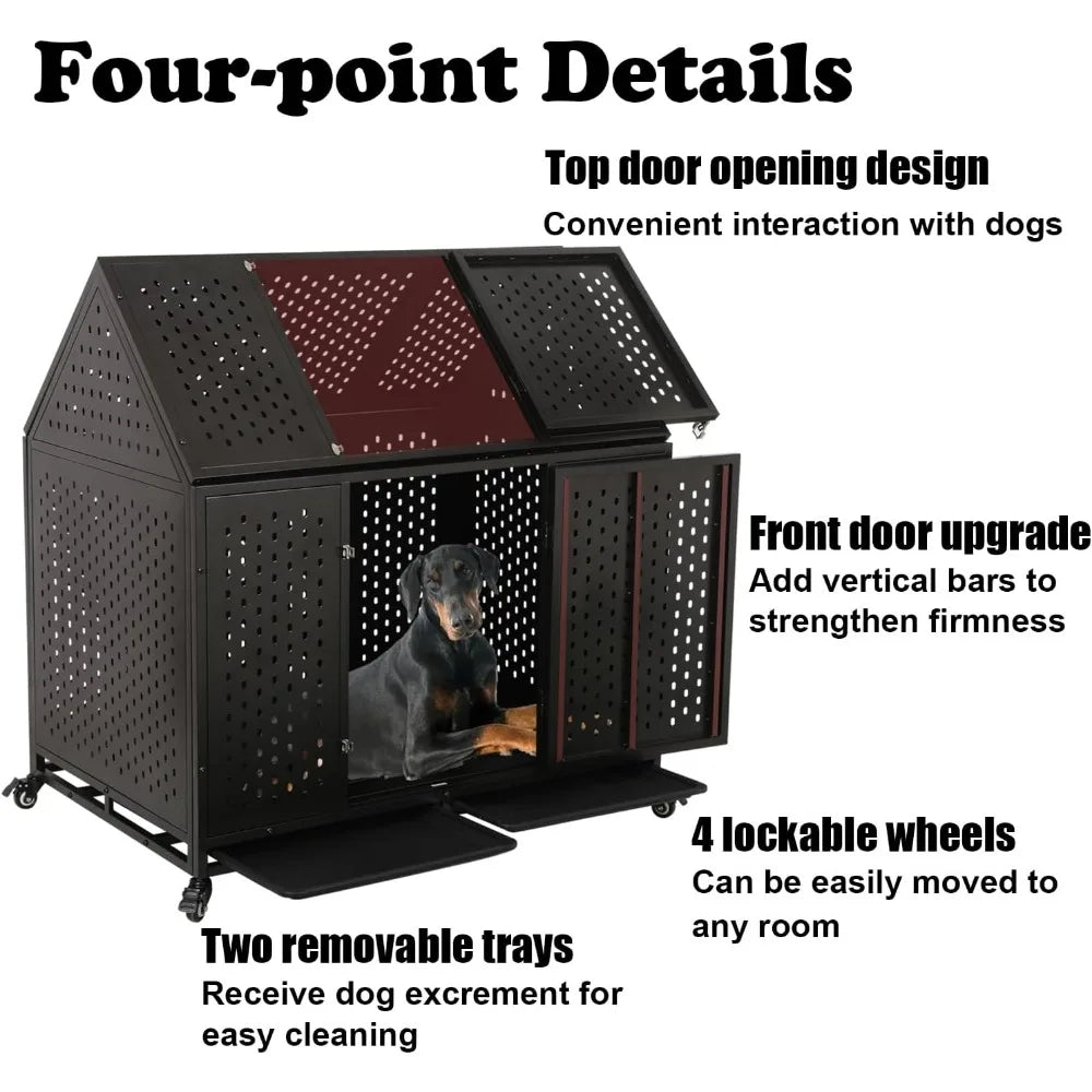 44'' indestructible heavy duty roof dog crate - steel construction with lockable double door - indoor kennel for large dogs with