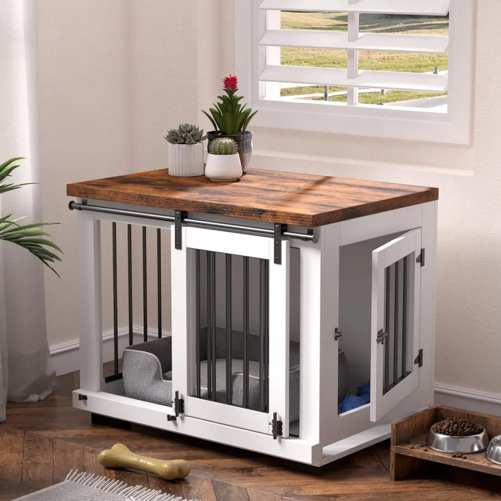 Masterpiece Dog Crate Furniture Barn Door For Medium Dogs Up To 40 Lbs. - Puppy Kennel W/Thickened Farmhouse Top & Steel Bars -