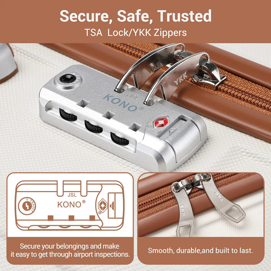 Kono 3-Piece Travel Suitcase Set, Hard Shell Luggage with TSA Lock, 20" 24" 28", Lightweight, 360° Wheels