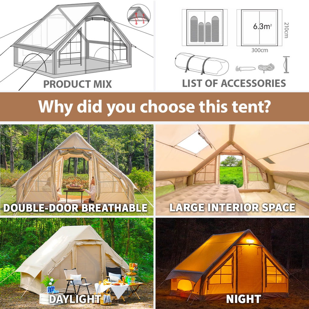 Inflatable Tent for Camping with Hand Pump Blow Up Tent Glamping Tent 4 Season Air Tent, Easy Setup Waterproof Outdoor Oxford