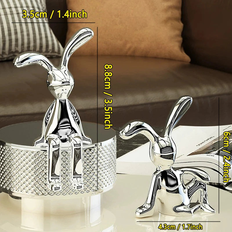 2PCS Gold Silver Long Eared Rabbit Figurine Miniatures Car Decor Pastable Plating Rabbit 3D DIY Statue Home Furnishings Ornament