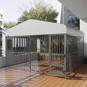 10x10x6 Large Outdoor Dog Kennel - Heavy Duty Cage with Lock, Waterproof Roof, and Swivel Stainless Steel Feeder