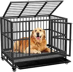 dog crate with removable tray, 37/42/46 inch indestructible and escape proof steel dog cage kennel for high anxiety dogs, heavy