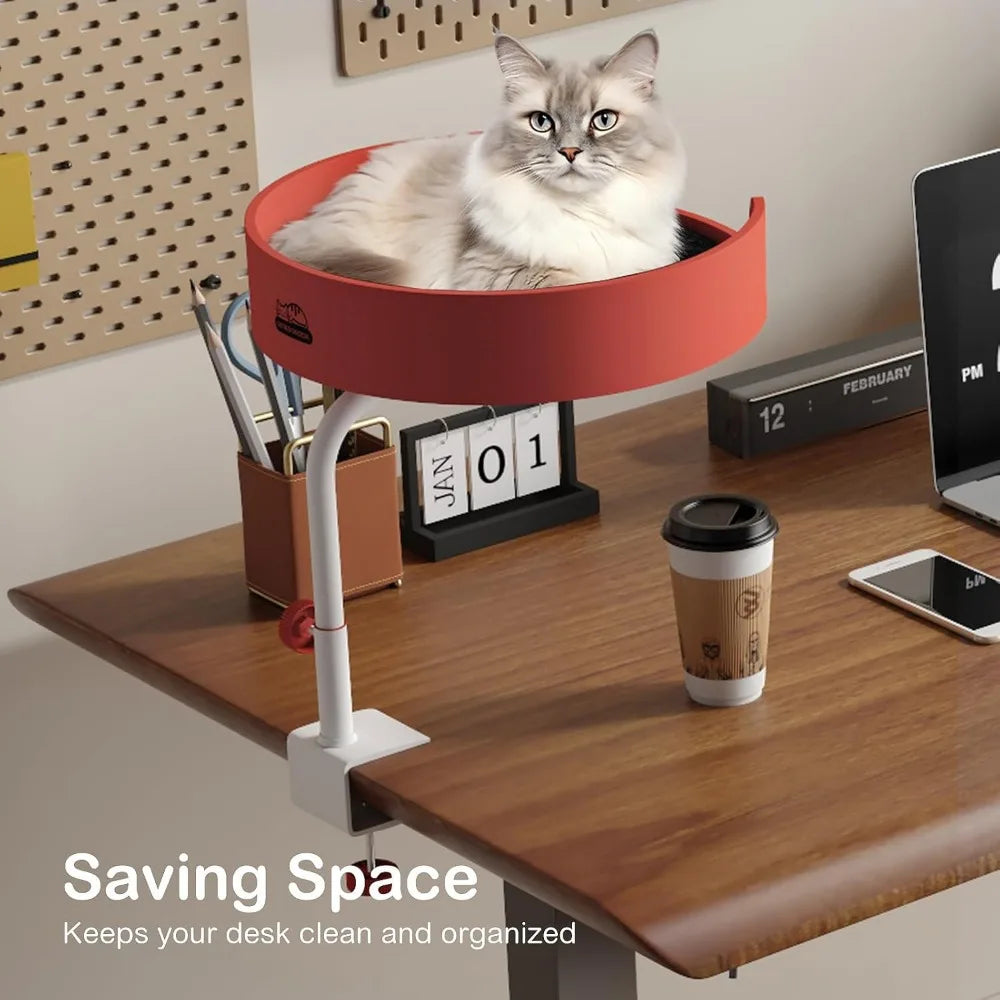 Cat Desk Bed Large Perch Nest with Teaser Easy Install,Space Saving Mount Design,Sturdy Frame,Removable Cushion,Clamp Desktop At