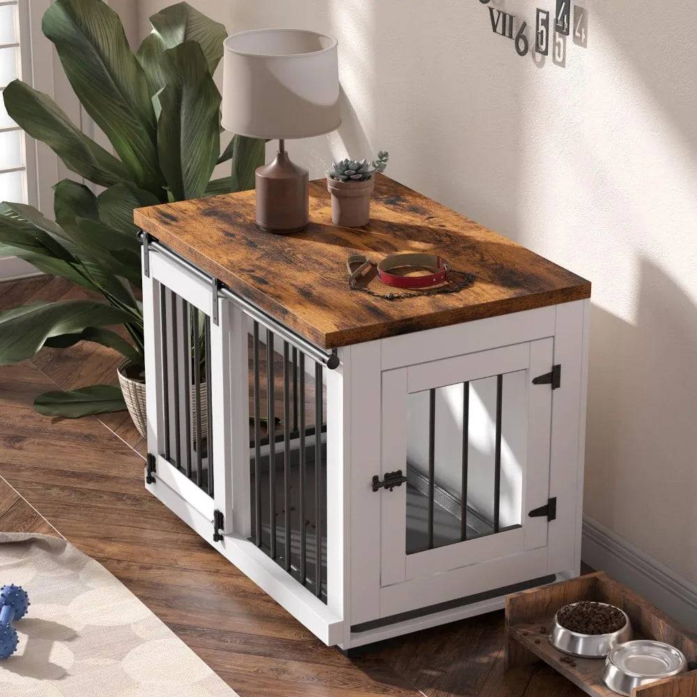 Masterpiece Dog Crate Furniture Barn Door For Medium Dogs Up To 40 Lbs. - Puppy Kennel W/Thickened Farmhouse Top & Steel Bars -