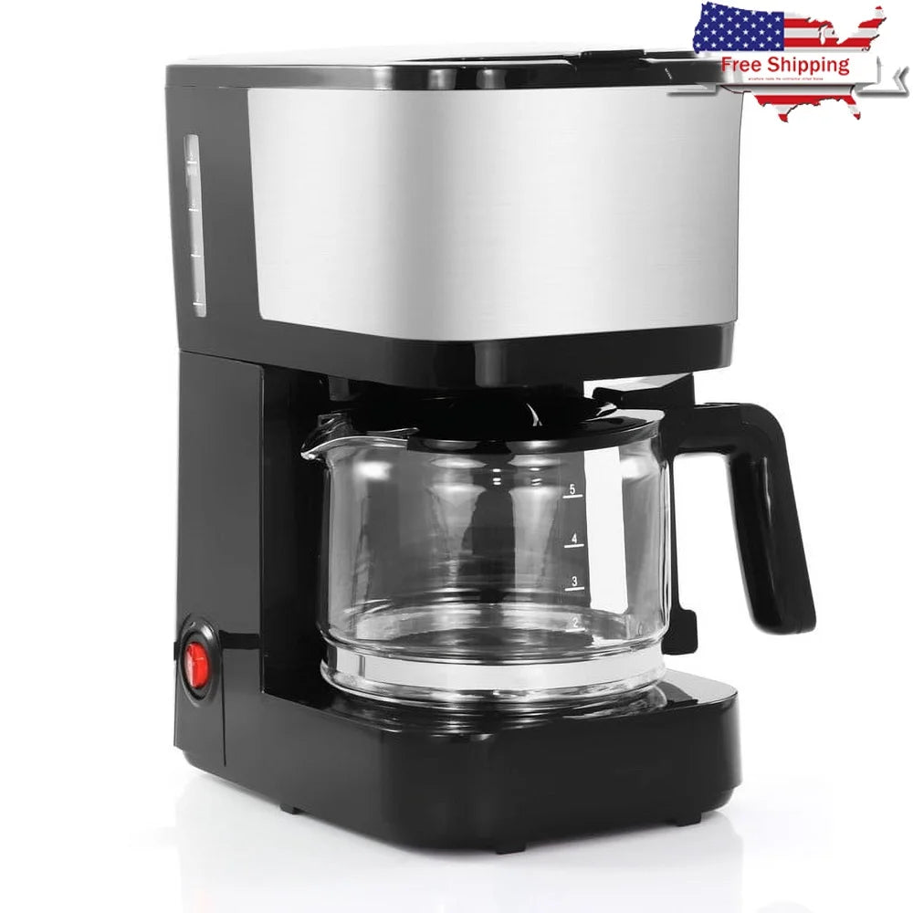 Stainless Steel 5-Cup Coffee Maker Compact Design Pause N Serve Function Easy Clean Reusable Filter Ideal Home Office RV