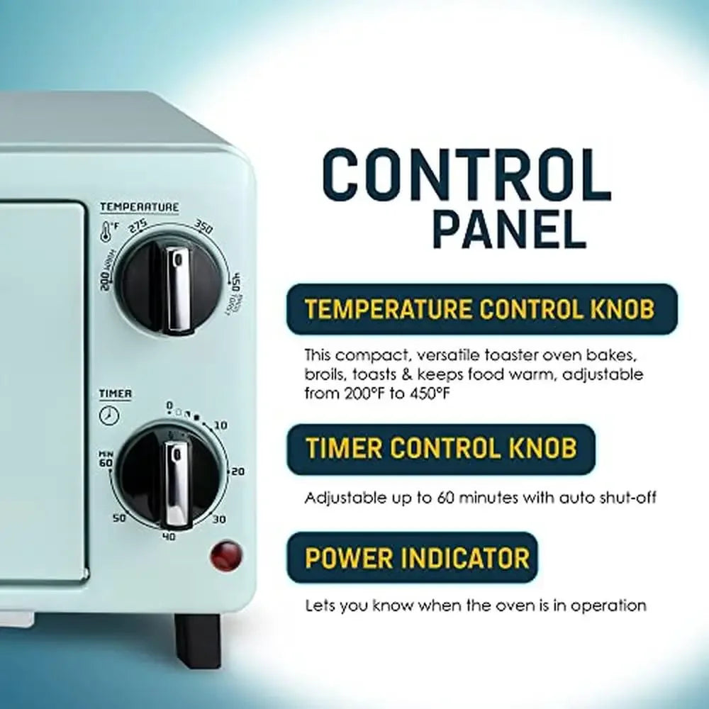 50's Retro Countertop Toaster Oven Mint Accents Bake Toast 8" Pizza Temperature Control Accessories Included Vintage Art Deco