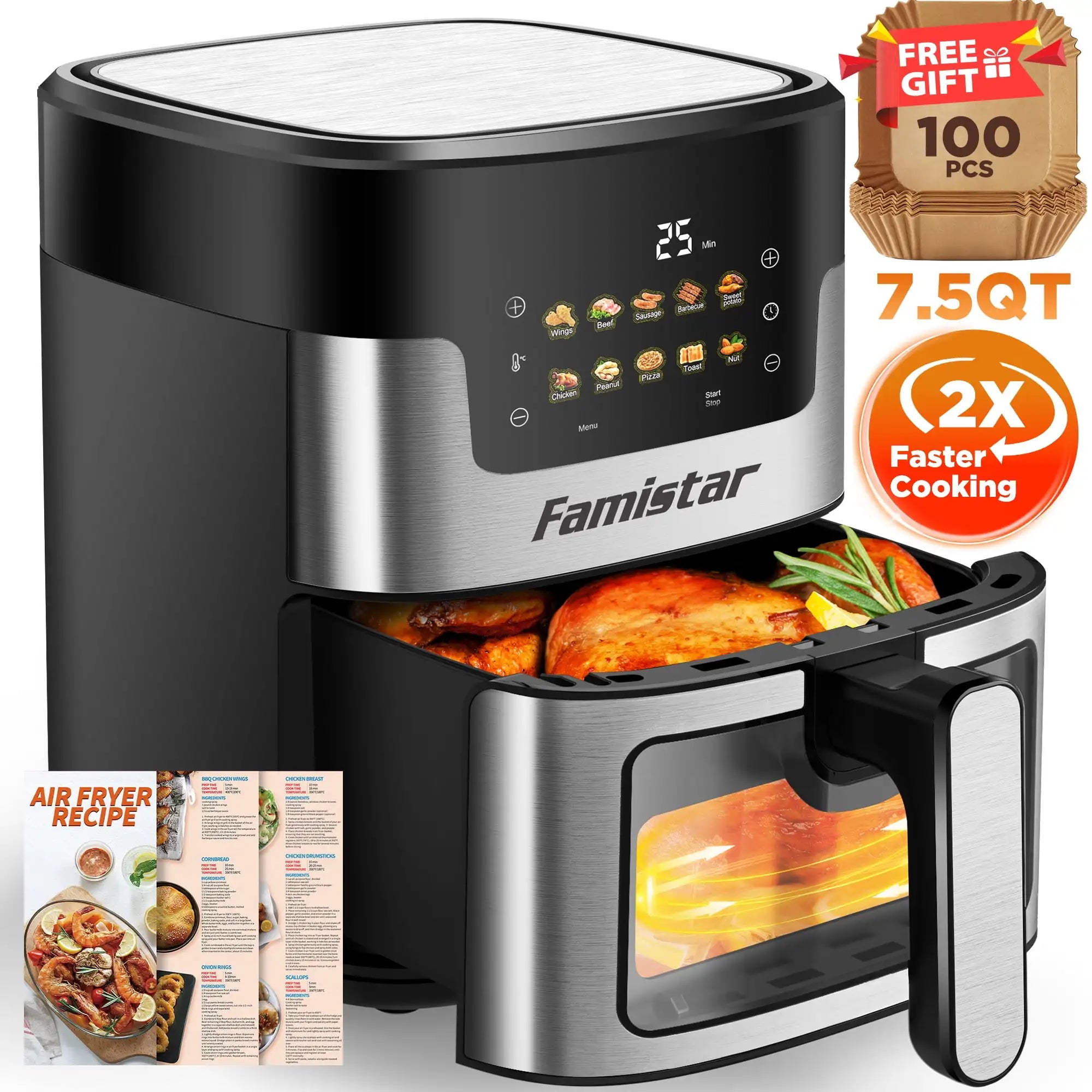 Air Fryer Oven, 10-in-1 7.5Qt Multifunction Air Fryer with Digital LED Touch Screen, 10 Preset Cookings, Dishwasher-Safe Basket,