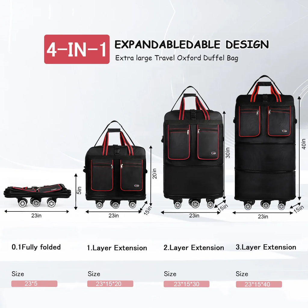 Foldable Travel Bag Hand Carry Duffel Bag with Wheels Expandable Rolling Travel Bag Large Capacity Waterproof Luggage Bag