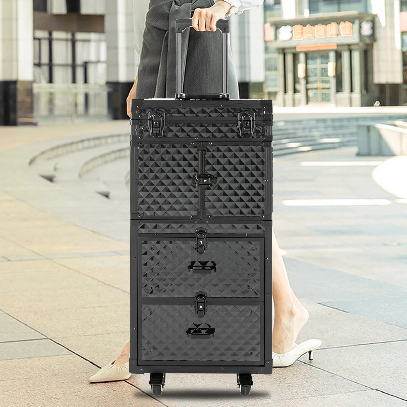 82 * 39cm Rolling Makeup Case Travel Make Up Case  Rolling Beauty Salon Storage with Hair Dryer Holder and 4 Universal Wheels