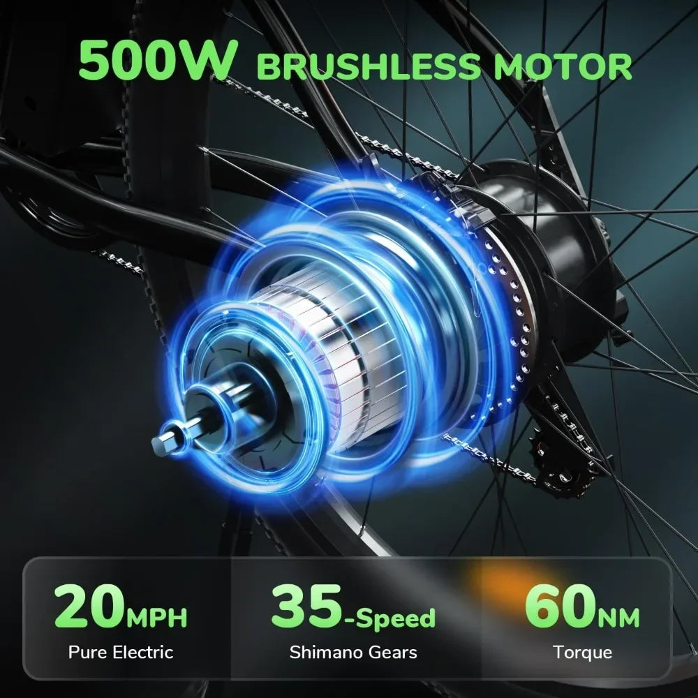 HOME-M10 Electric Bike Adult 500W, 26" Commuting Electric Mountain Bike 20MPH Max Range 55+ Miles, Removable Battery shed