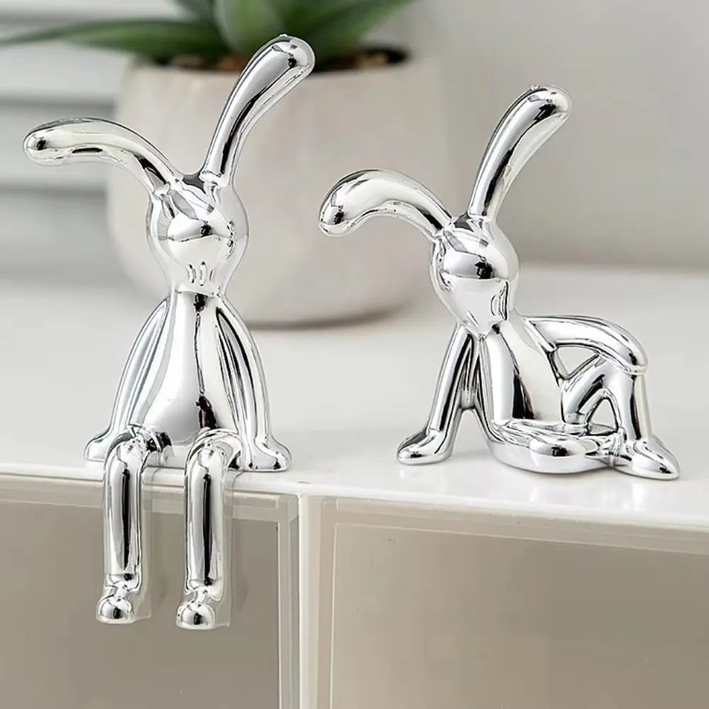 2PCS Gold Silver Long Eared Rabbit Figurine Miniatures Car Decor Pastable Plating Rabbit 3D DIY Statue Home Furnishings Ornament