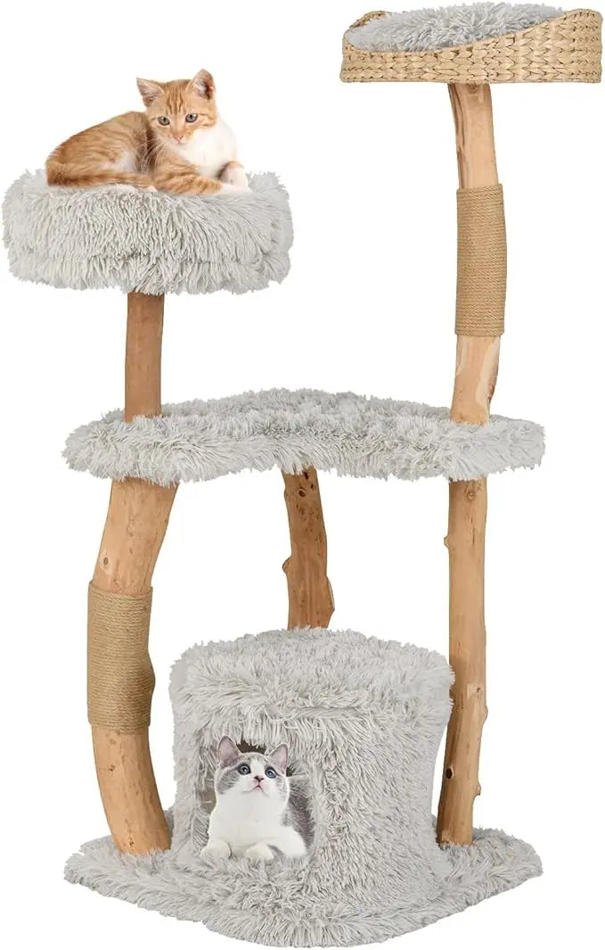 49 inch Cat Tree for Indoor Cats, Cute Solid Wood Modern Multi-Level Cat Tower with Scratching Posts, Top Cattail Basket