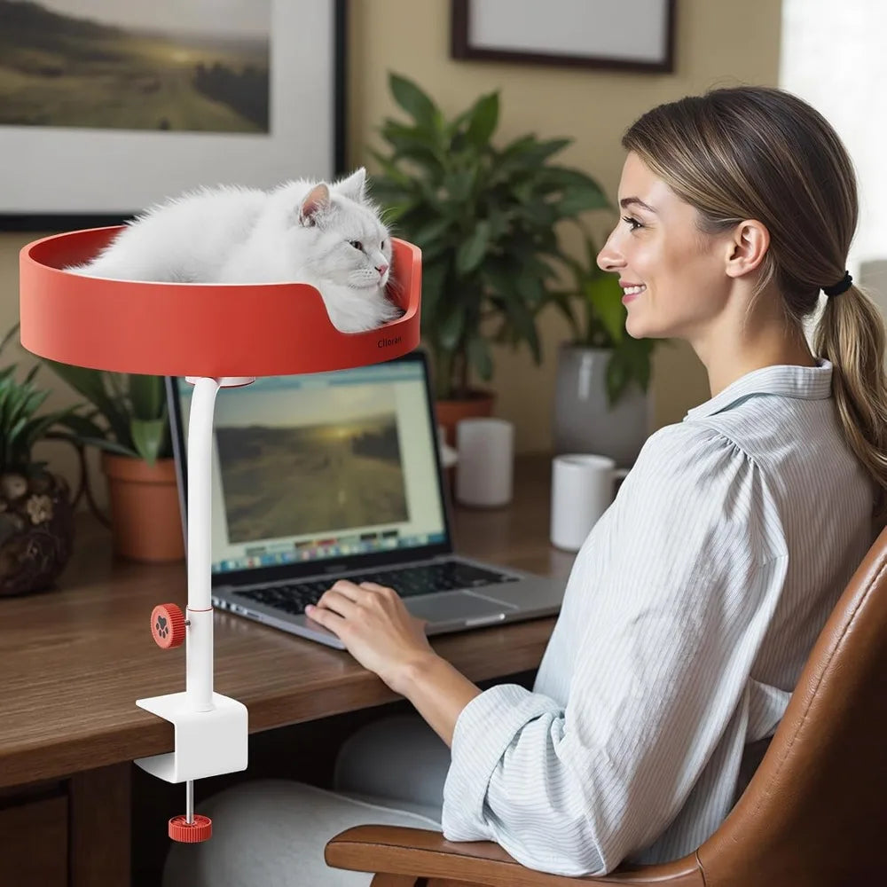 Cat Desk Bed Large Perch Nest with Teaser Easy Install,Space Saving Mount Design,Sturdy Frame,Removable Cushion,Clamp Desktop At