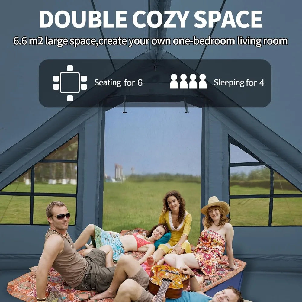inflatable tent with pump,4-6 person instant glamping camping tents house, easy setup blow up family tents for 4 seasons