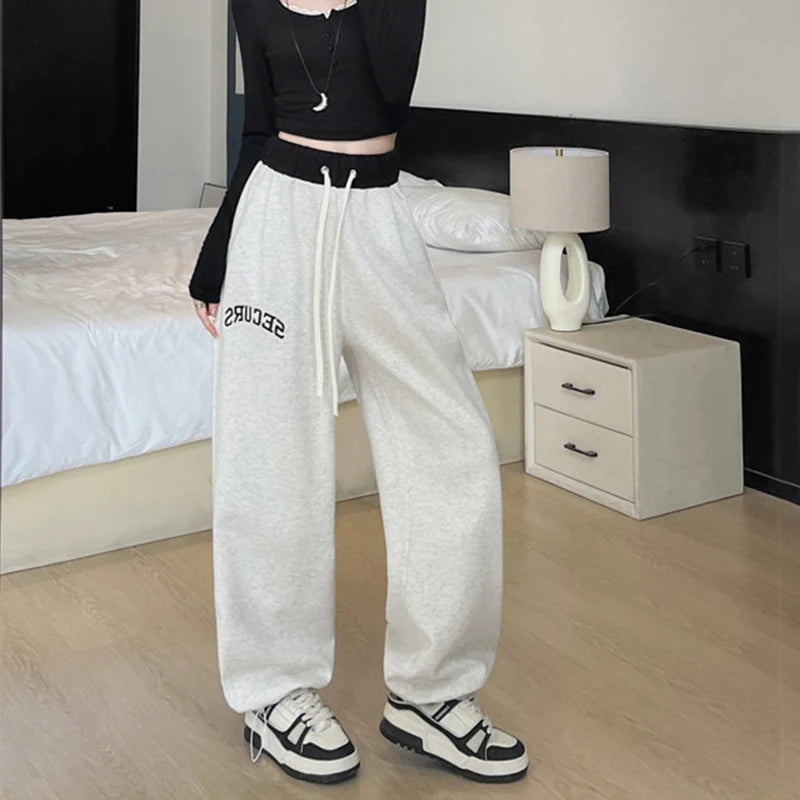 Vintage Letter Embroidery Y2K Sweatpants for Woman Chic Patchwork Design Casual Trousers Autumn Winter High Waist Straight Pants