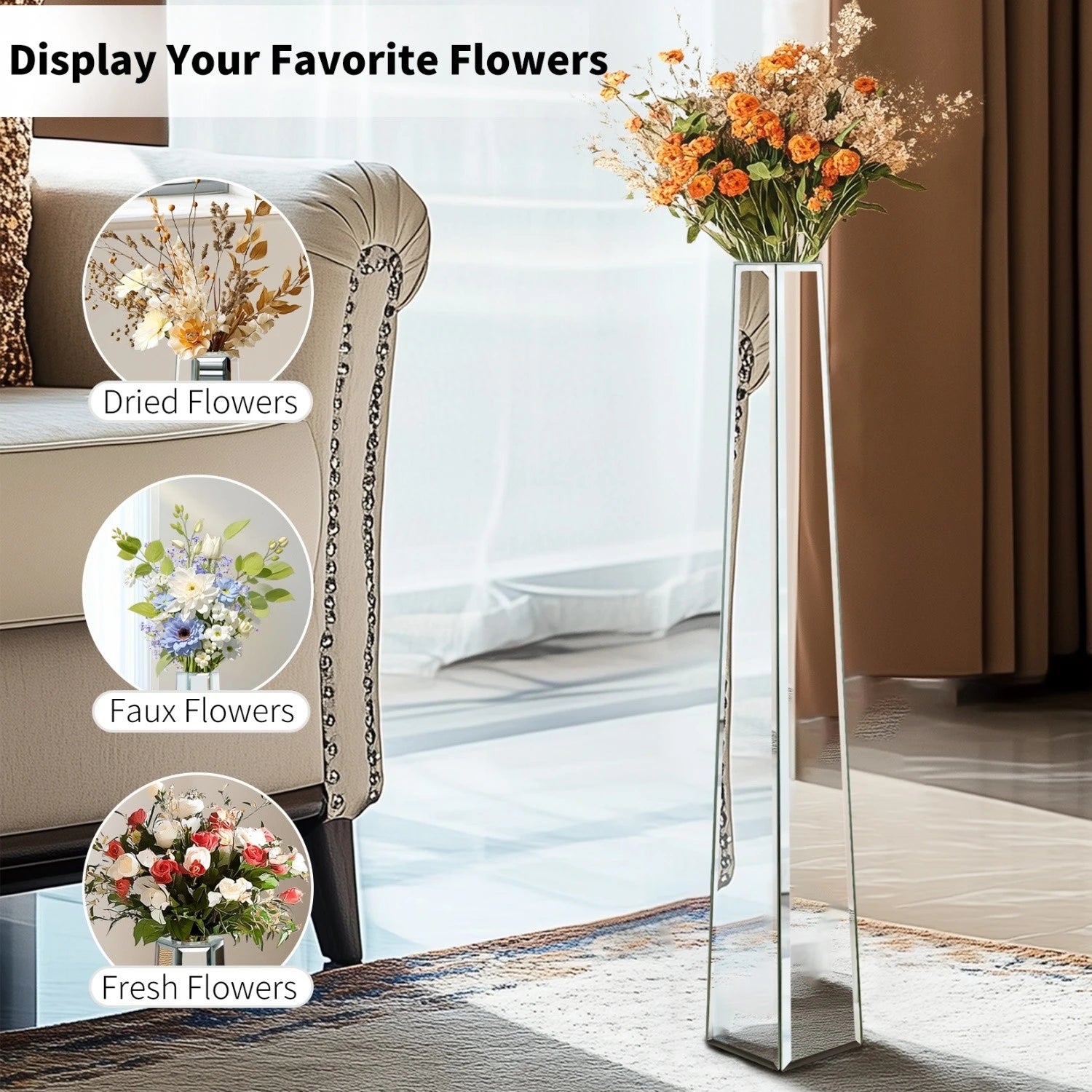 30" Tall Mirrored Floor Vase, Silver Big Vases for Decor Living Room, Home Decorative Vases for Dried Flower