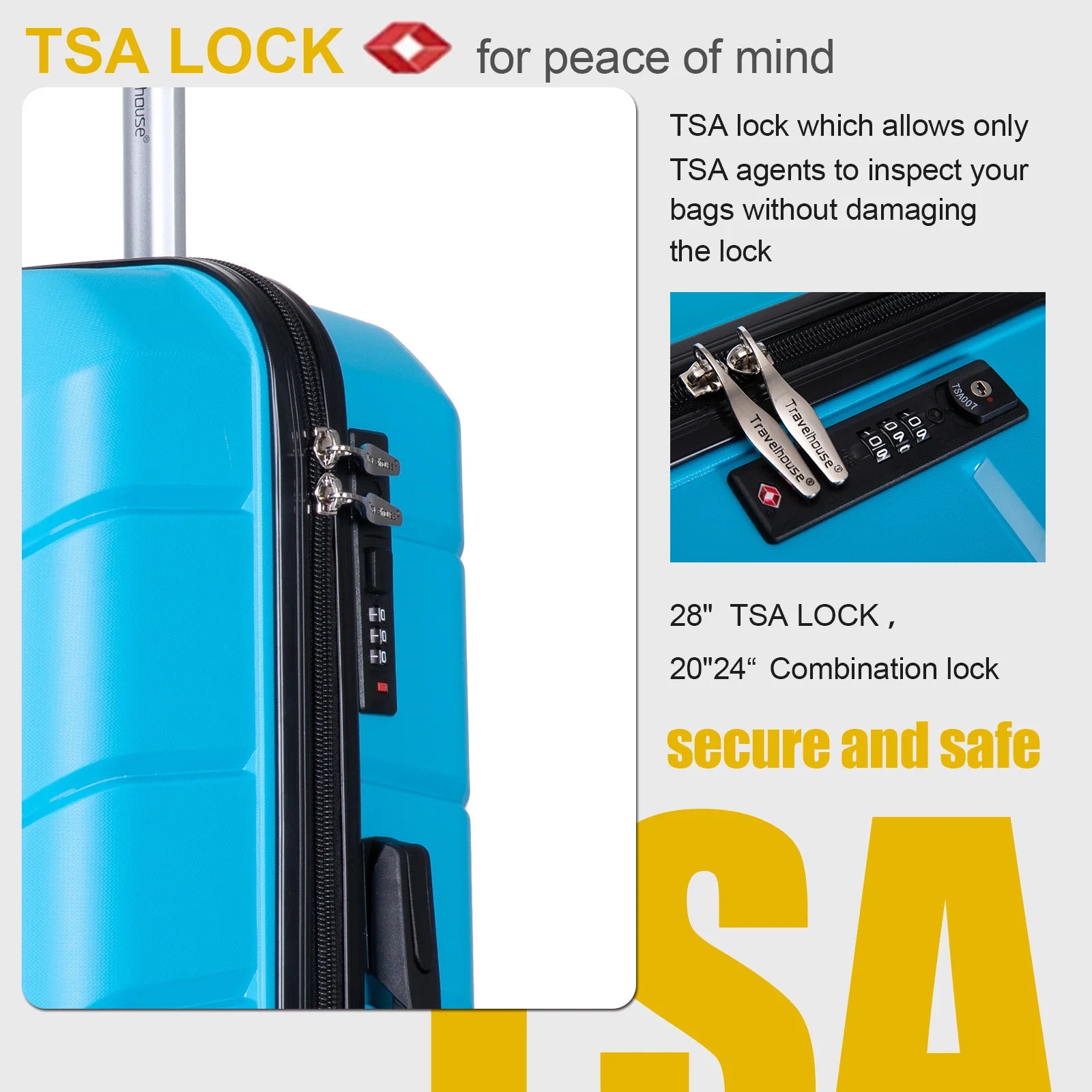 Travelhouse Hardside Luggage Set 3-Piece with Spinner Wheels, TSA Lock, Hardside Travel Suitecase PP Lightweight