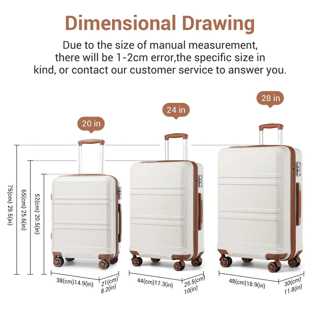 Kono 3-Piece Travel Suitcase Set, Hard Shell Luggage with TSA Lock, 20" 24" 28", Lightweight, 360° Wheels