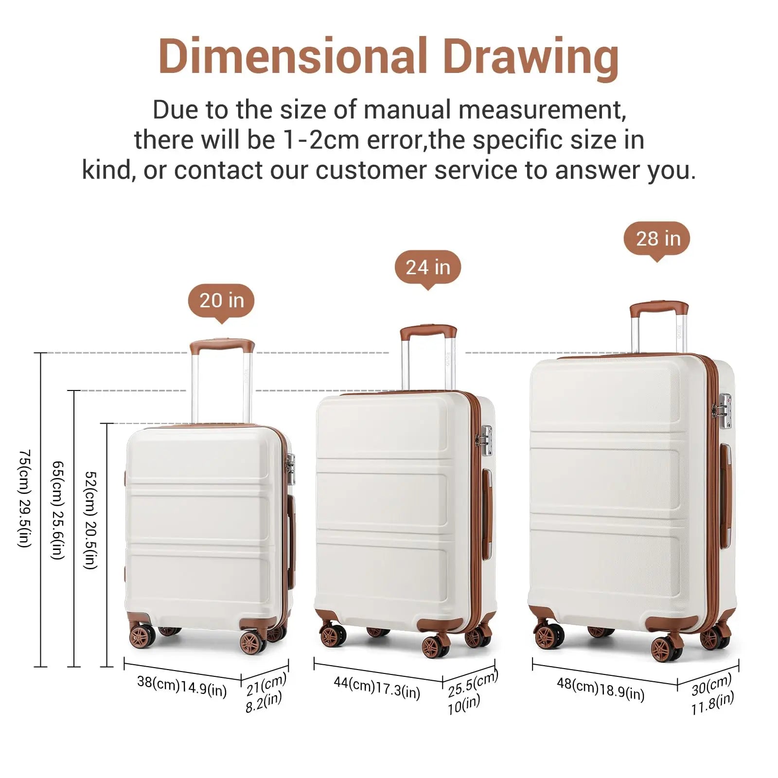 Kono 3-Piece Travel Suitcase Set, Hard Shell Luggage with TSA Lock, 20" 24" 28", Lightweight, 360° Wheels