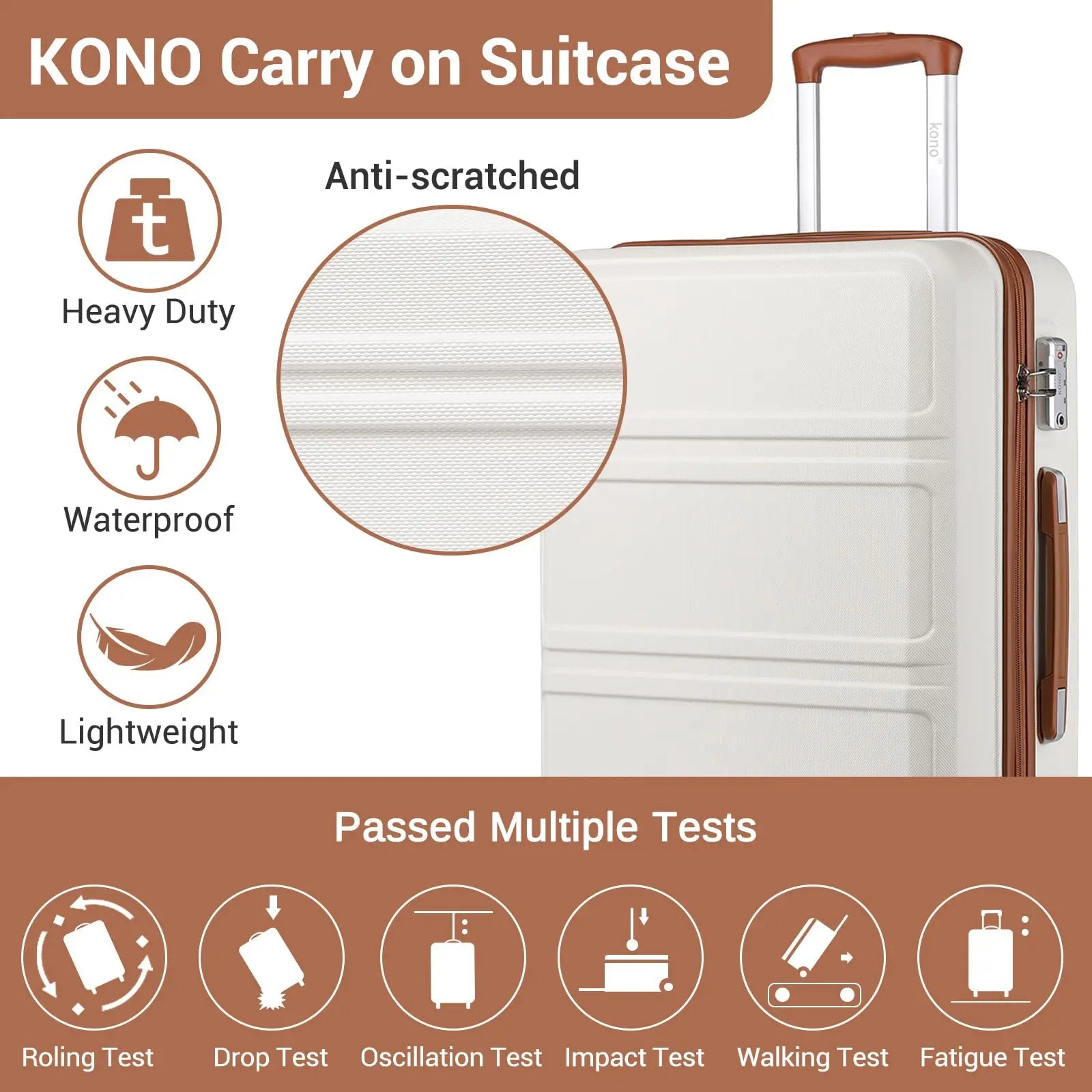 Kono 3-Piece Travel Suitcase Set, Hard Shell Luggage with TSA Lock, 20" 24" 28", Lightweight, 360° Wheels