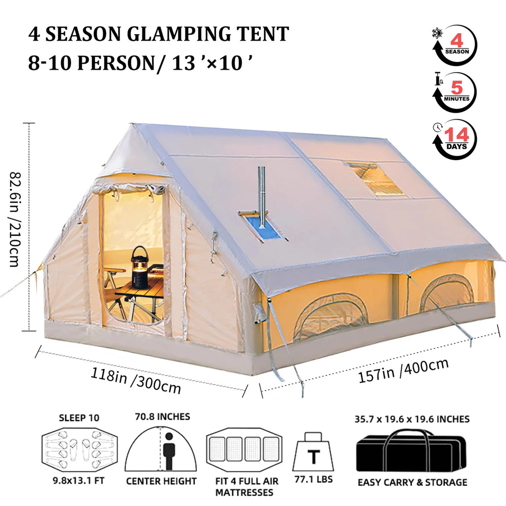 13' x 10' Inflatable Camping Tent for 8-10 Person,4 Season Blow up Tents Waterproof, Air Tent with Chimney Hole AC Port