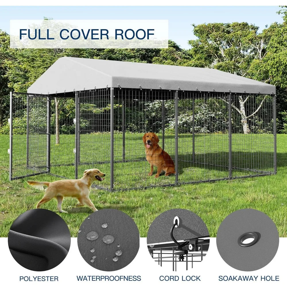 Large Outdoor Dog Kennel - 10x10x6, Heavy-Duty Galvanized Steel Construction, Double Lock Security
