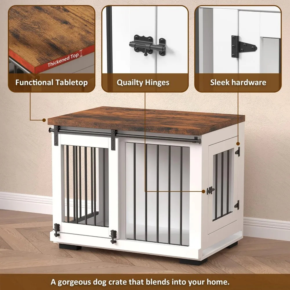 Masterpiece Dog Crate Furniture Barn Door For Medium Dogs Up To 40 Lbs. - Puppy Kennel W/Thickened Farmhouse Top & Steel Bars -