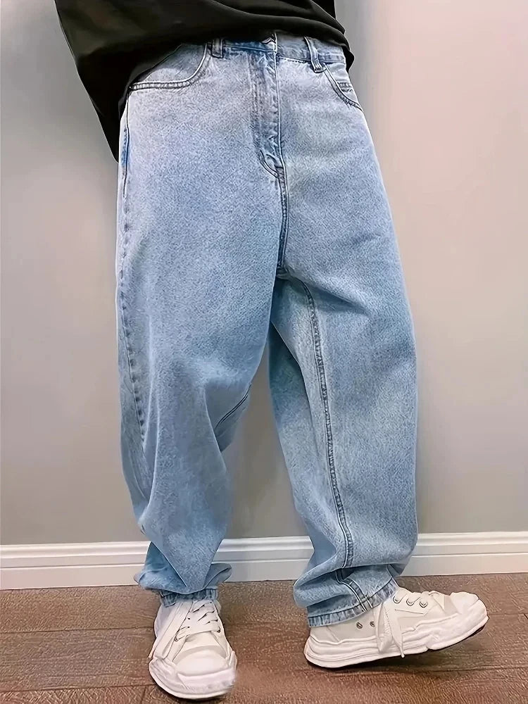 Y2k Oversize Fashion Baggy Jeans Mens Loose Straight Streetwear Hip Hop Denim Trousers Washed Trendy Wide Leg Pants Light Blue