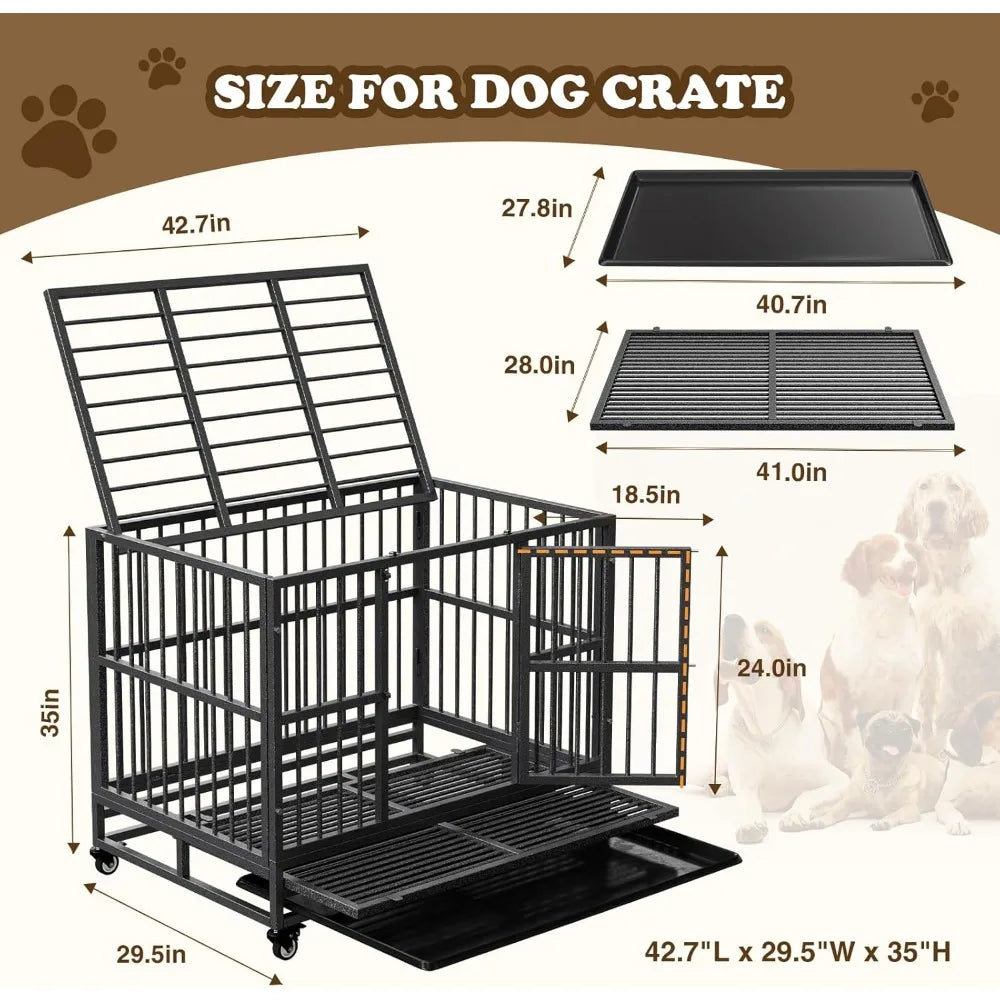 dog crate with removable tray, 37/42/46 inch indestructible and escape proof steel dog cage kennel for high anxiety dogs, heavy
