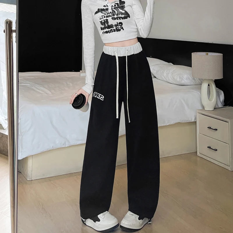 Vintage Letter Embroidery Y2K Sweatpants for Woman Chic Patchwork Design Casual Trousers Autumn Winter High Waist Straight Pants