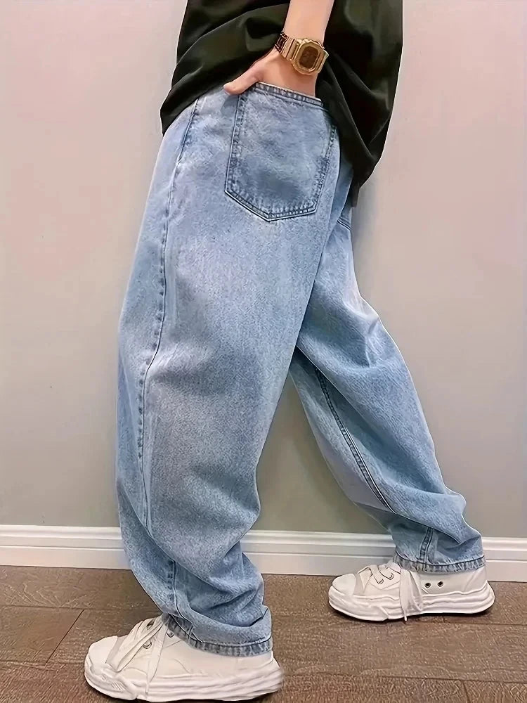 Y2k Oversize Fashion Baggy Jeans Mens Loose Straight Streetwear Hip Hop Denim Trousers Washed Trendy Wide Leg Pants Light Blue